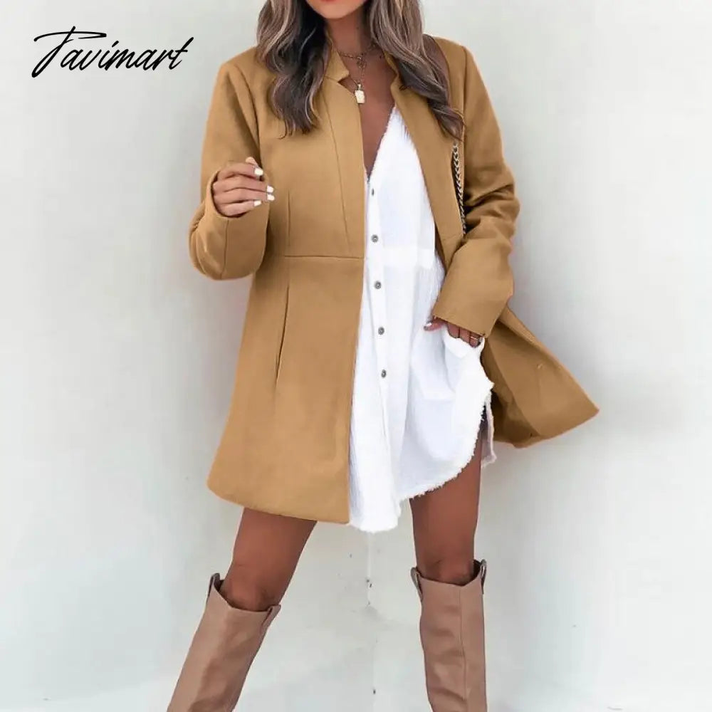 Women Autumn Fashion Solid Color Wool Jackets Retro Long Sleeve Stand Collar Cardigan Jacket Casual Commuter Office Ladies Coats