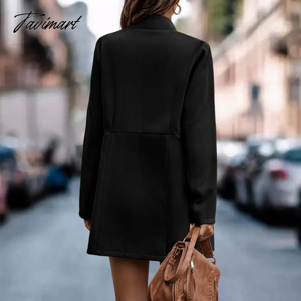 Women Autumn Fashion Solid Color Wool Jackets Retro Long Sleeve Stand Collar Cardigan Jacket Casual Commuter Office Ladies Coats