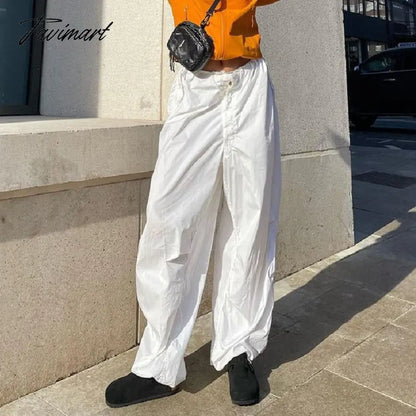 Women Baggy Low Rise Cargo Pants Leg Parachute Joggers Drawstring Long Streetwear Trousers