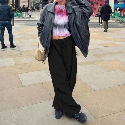Women Baggy Low Rise Cargo Pants Leg Parachute Joggers Drawstring Long Streetwear Trousers