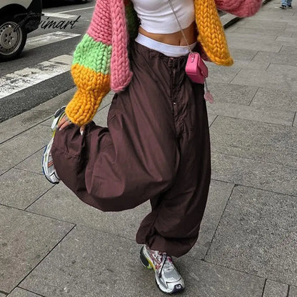Women Baggy Low Rise Cargo Pants Leg Parachute Joggers Drawstring Long Streetwear Trousers