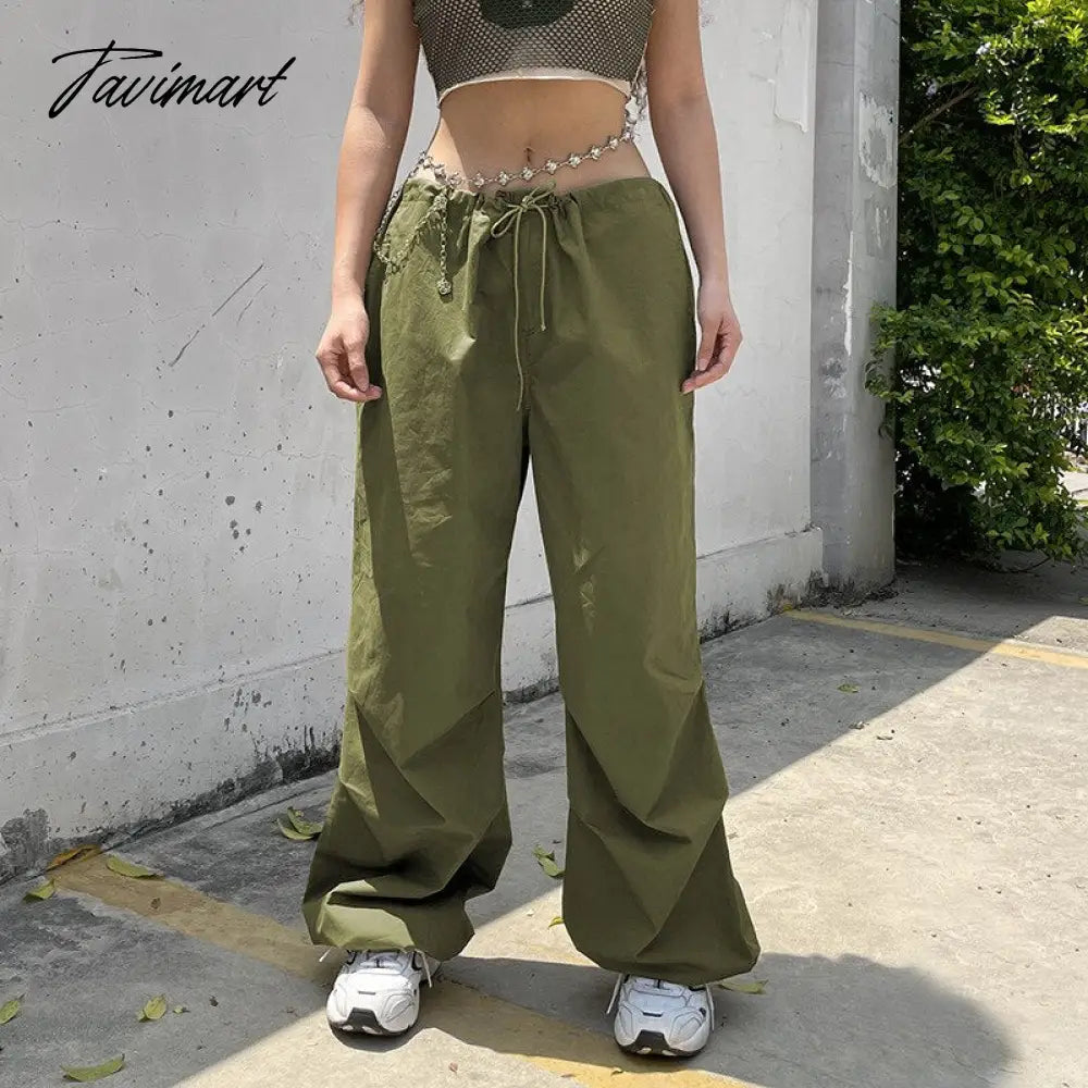 Women Baggy Low Rise Cargo Pants Leg Parachute Joggers Drawstring Long Streetwear Trousers
