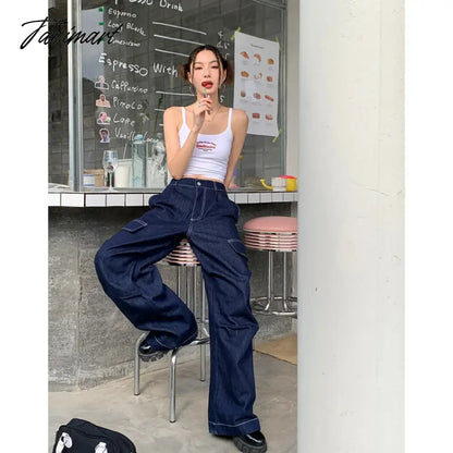 Women Blue Jeans Solid Vintage Straight Baggy Pants Chic Design Streetwear Fashion Y2K Style Denim Summer NEW Wide Leg Trouser