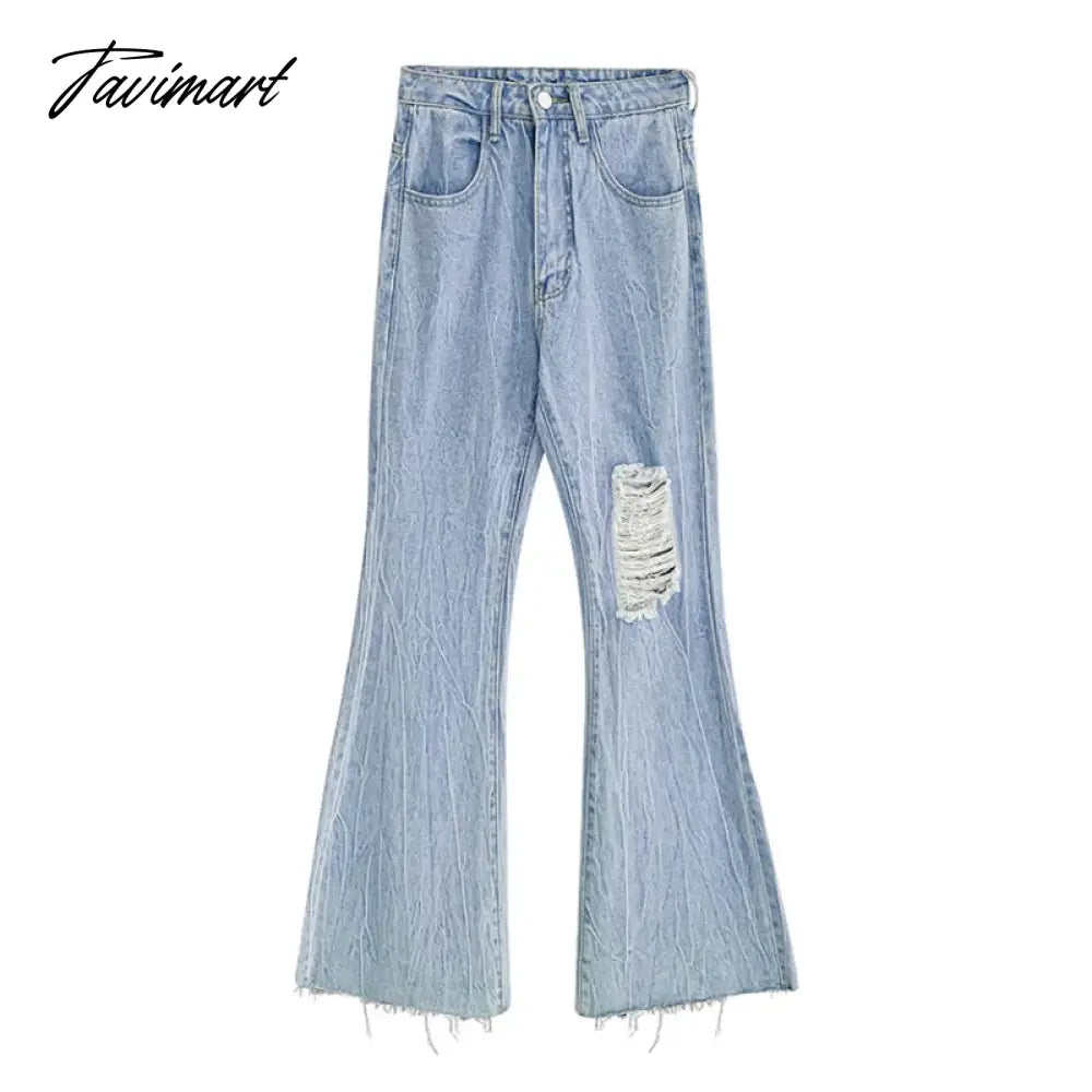 Women Blue Jeans Worn-out High Waist American Street Wide Leg Pants Fashion Hip Hop Vintage Straight Y2K Style Autumn Trousers