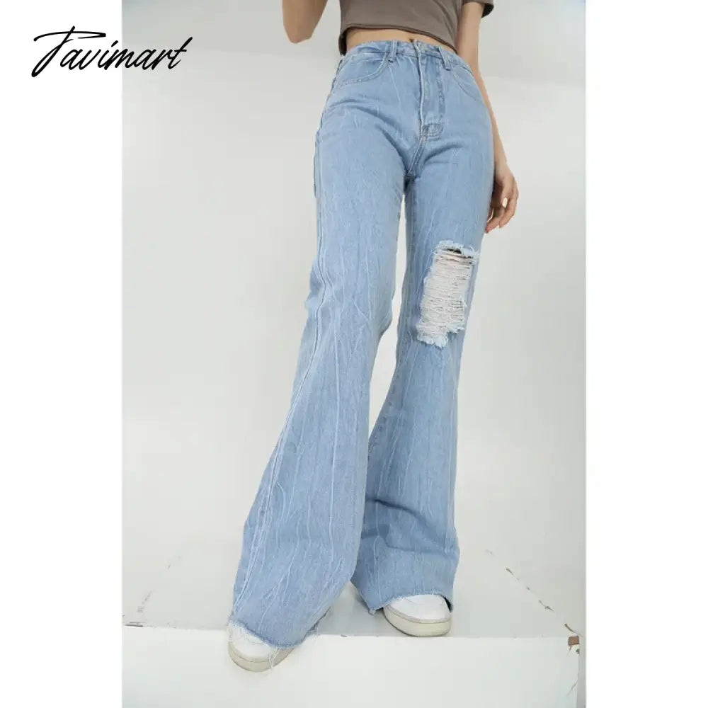 Women Blue Jeans Worn-out High Waist American Street Wide Leg Pants Fashion Hip Hop Vintage Straight Y2K Style Autumn Trousers