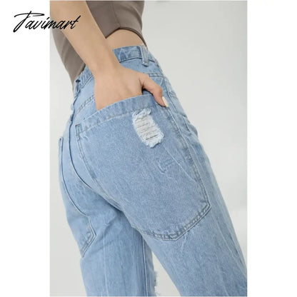 Women Blue Jeans Worn-out High Waist American Street Wide Leg Pants Fashion Hip Hop Vintage Straight Y2K Style Autumn Trousers