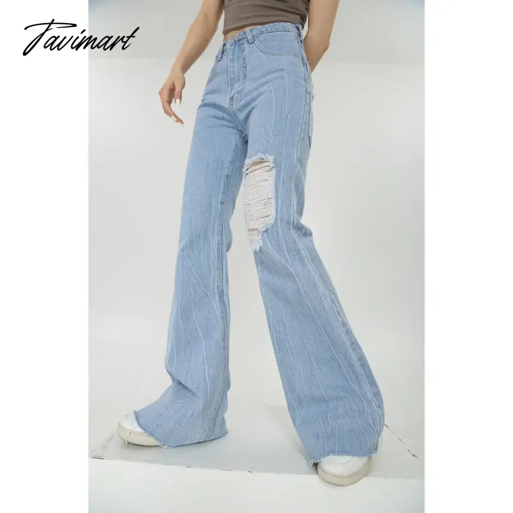 Women Blue Jeans Worn-out High Waist American Street Wide Leg Pants Fashion Hip Hop Vintage Straight Y2K Style Autumn Trousers