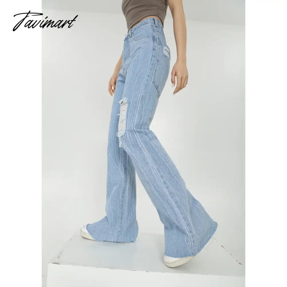 Women Blue Jeans Worn-out High Waist American Street Wide Leg Pants Fashion Hip Hop Vintage Straight Y2K Style Autumn Trousers
