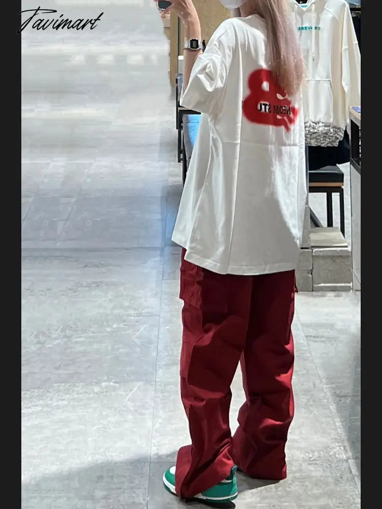 Women Bottoms Red Vintage Baggy Cargo Pants Fashion Pocket High Waist Straight Pants High Street Wide Leg Trouser Ladies Summer