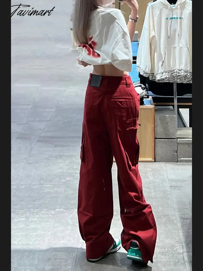 Women Bottoms Red Vintage Baggy Cargo Pants Fashion Pocket High Waist Straight Pants High Street Wide Leg Trouser Ladies Summer