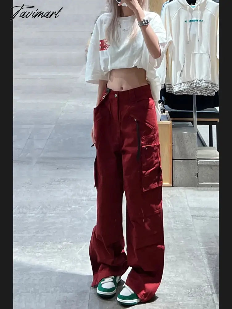 Women Bottoms Red Vintage Baggy Cargo Pants Fashion Pocket High Waist Straight Pants High Street Wide Leg Trouser Ladies Summer