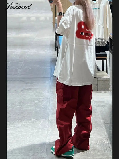 Women Bottoms Red Vintage Baggy Cargo Pants Fashion Pocket High Waist Straight Pants High Street Wide Leg Trouser Ladies Summer