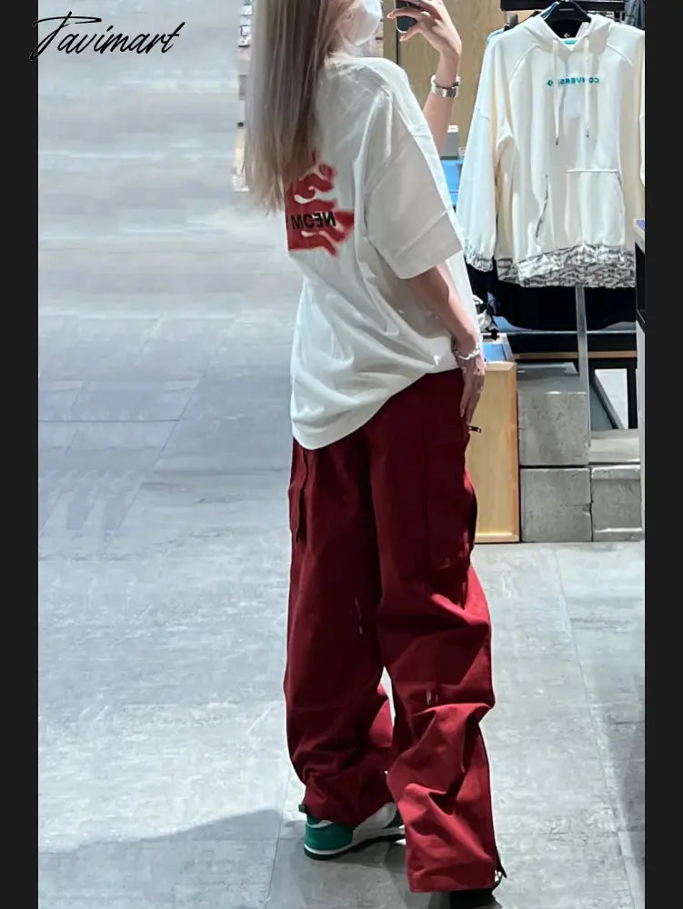 Women Bottoms Red Vintage Baggy Cargo Pants Fashion Pocket High Waist Straight Pants High Street Wide Leg Trouser Ladies Summer