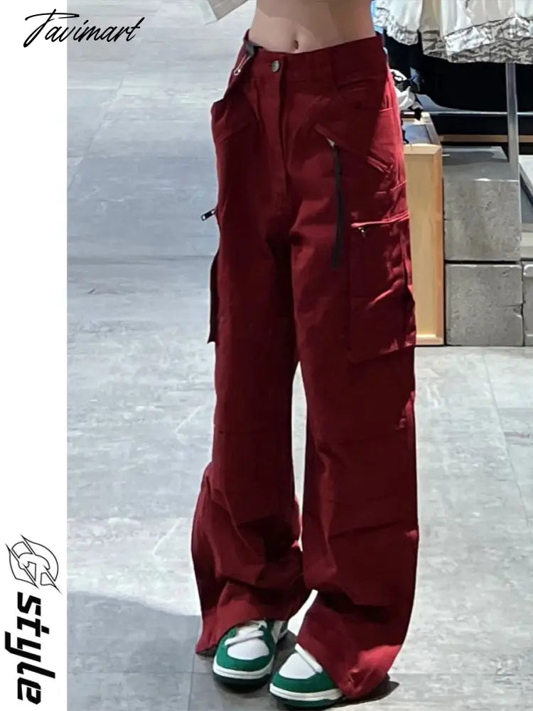 Women Bottoms Red Vintage Baggy Cargo Pants Fashion Pocket High Waist Straight Pants High Street Wide Leg Trouser Ladies Summer