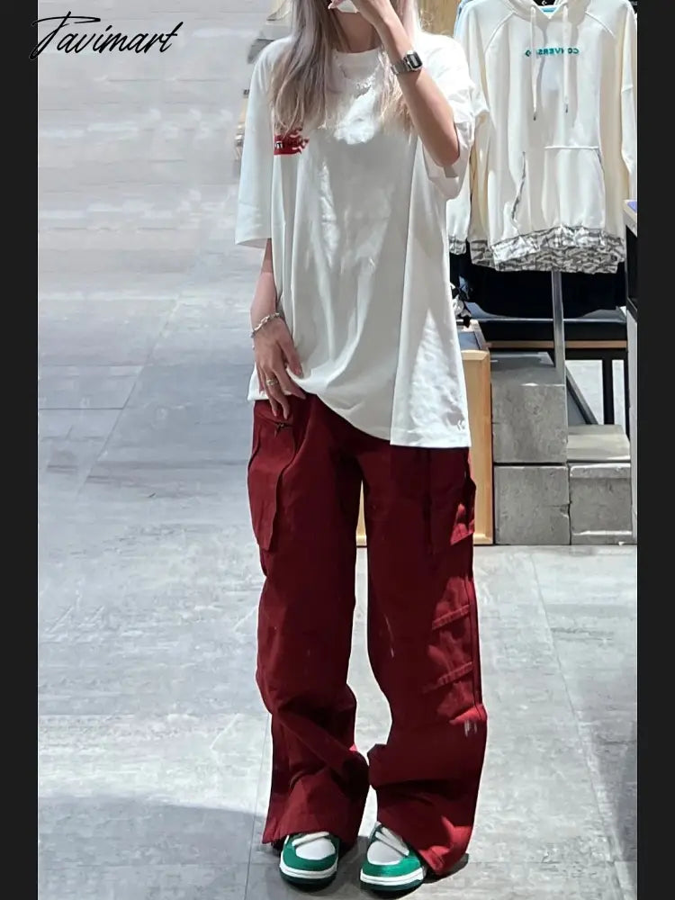 Women Bottoms Red Vintage Baggy Cargo Pants Fashion Pocket High Waist Straight Pants High Street Wide Leg Trouser Ladies Summer