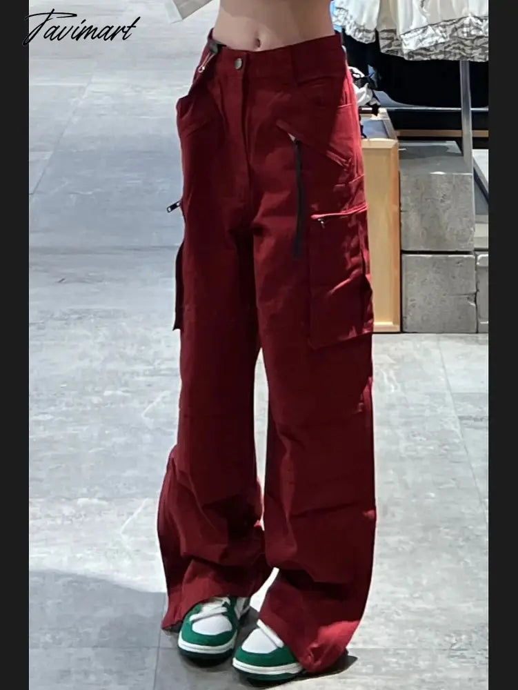 Women Bottoms Red Vintage Baggy Cargo Pants Fashion Pocket High Waist Straight Pants High Street Wide Leg Trouser Ladies Summer