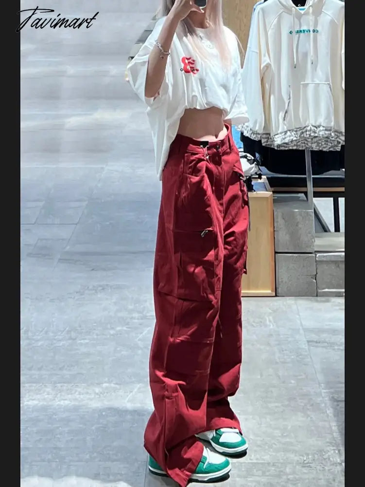Women Bottoms Red Vintage Baggy Cargo Pants Fashion Pocket High Waist Straight Pants High Street Wide Leg Trouser Ladies Summer