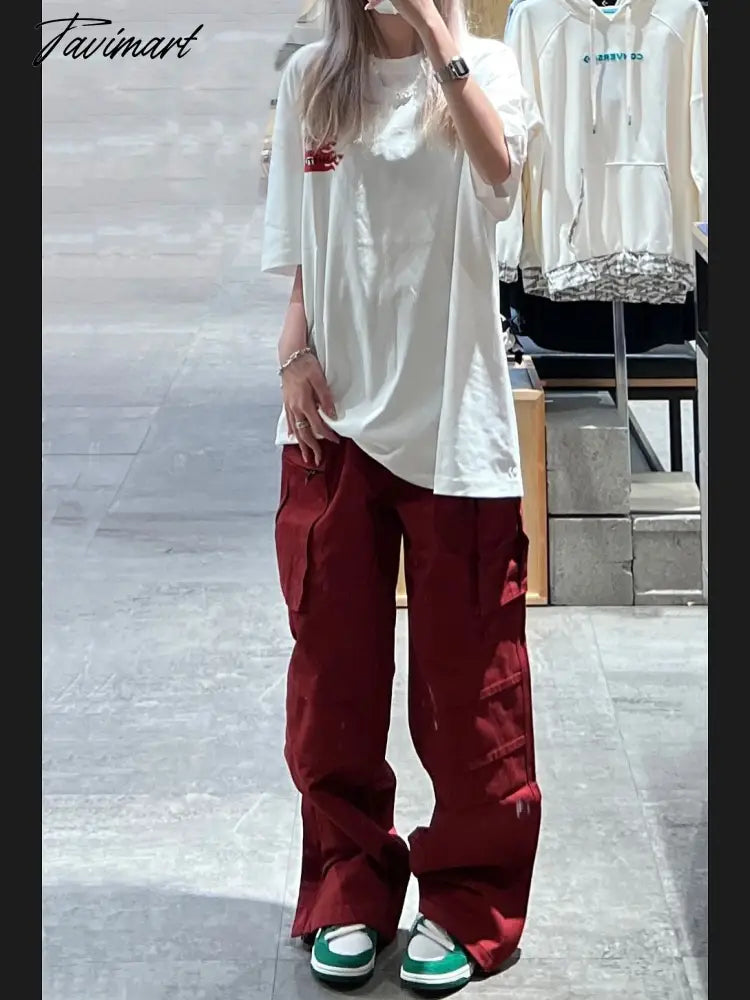 Women Bottoms Red Vintage Baggy Cargo Pants Fashion Pocket High Waist Straight Pants High Street Wide Leg Trouser Ladies Summer