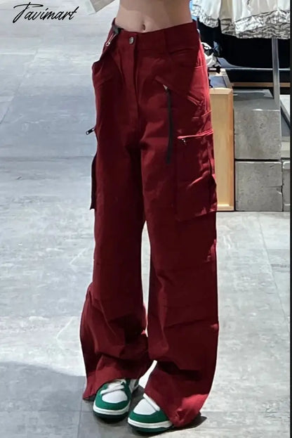 Women Bottoms Red Vintage Baggy Cargo Pants Fashion Pocket High Waist Straight Pants High Street Wide Leg Trouser Ladies Summer