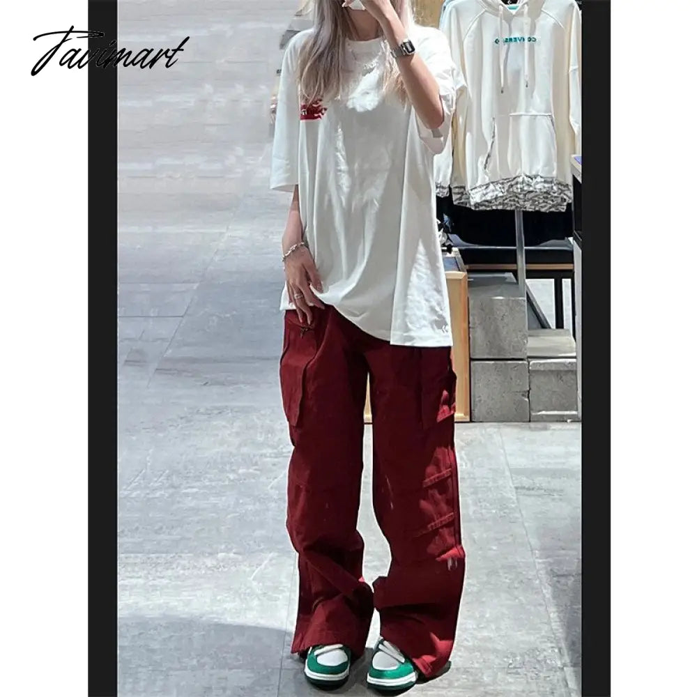 Women Bottoms Red Vintage Baggy Cargo Pants Fashion Pocket High Waist Straight Pants High Street Wide Leg Trouser Ladies Summer