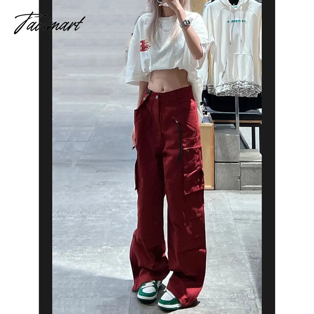 Women Bottoms Red Vintage Baggy Cargo Pants Fashion Pocket High Waist Straight Pants High Street Wide Leg Trouser Ladies Summer