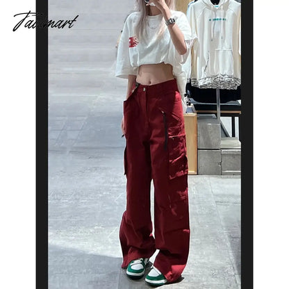 Women Bottoms Red Vintage Baggy Cargo Pants Fashion Pocket High Waist Straight Pants High Street Wide Leg Trouser Ladies Summer