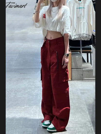 Women Bottoms Red Vintage Baggy Cargo Pants Fashion Pocket High Waist Straight Pants High Street Wide Leg Trouser Ladies Summer