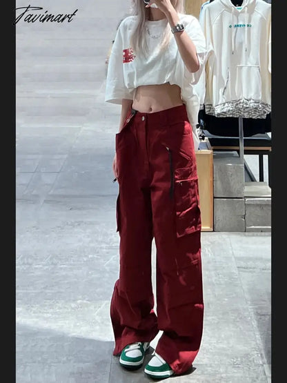 Women Bottoms Red Vintage Baggy Cargo Pants Fashion Pocket High Waist Straight Pants High Street Wide Leg Trouser Ladies Summer