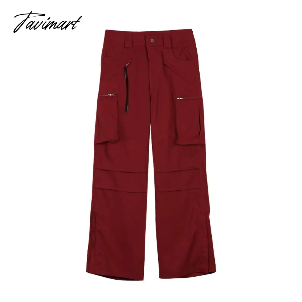 Women Bottoms Red Vintage Baggy Cargo Pants Fashion Pocket High Waist Straight Pants High Street Wide Leg Trouser Ladies Summer