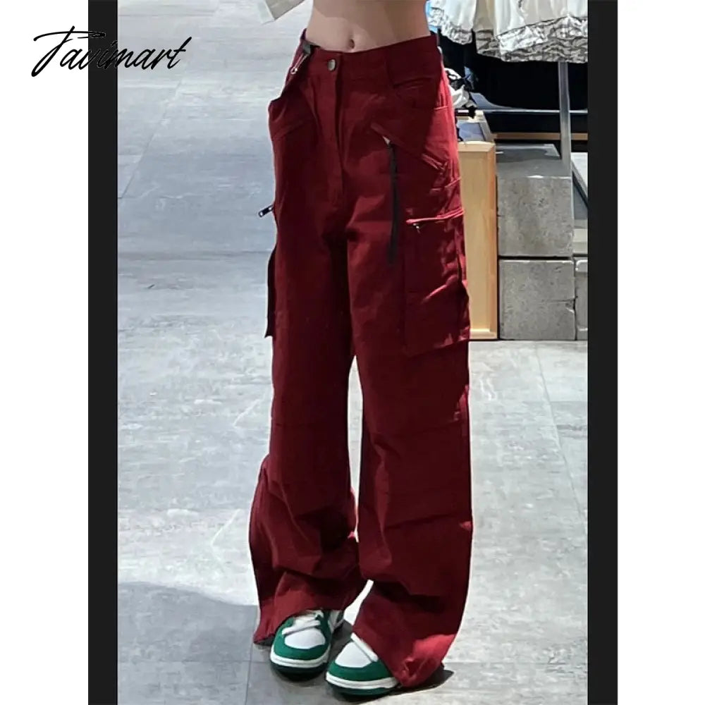 Women Bottoms Red Vintage Baggy Cargo Pants Fashion Pocket High Waist Straight Pants High Street Wide Leg Trouser Ladies Summer