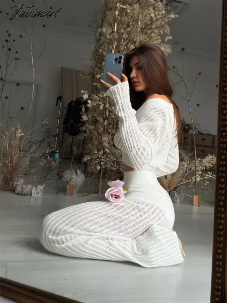 Women Casual Knitted Sweater Outfits Buttons See-Through Long Sleeve High Waist Knit Two Piece Fashion Trousers Outfits