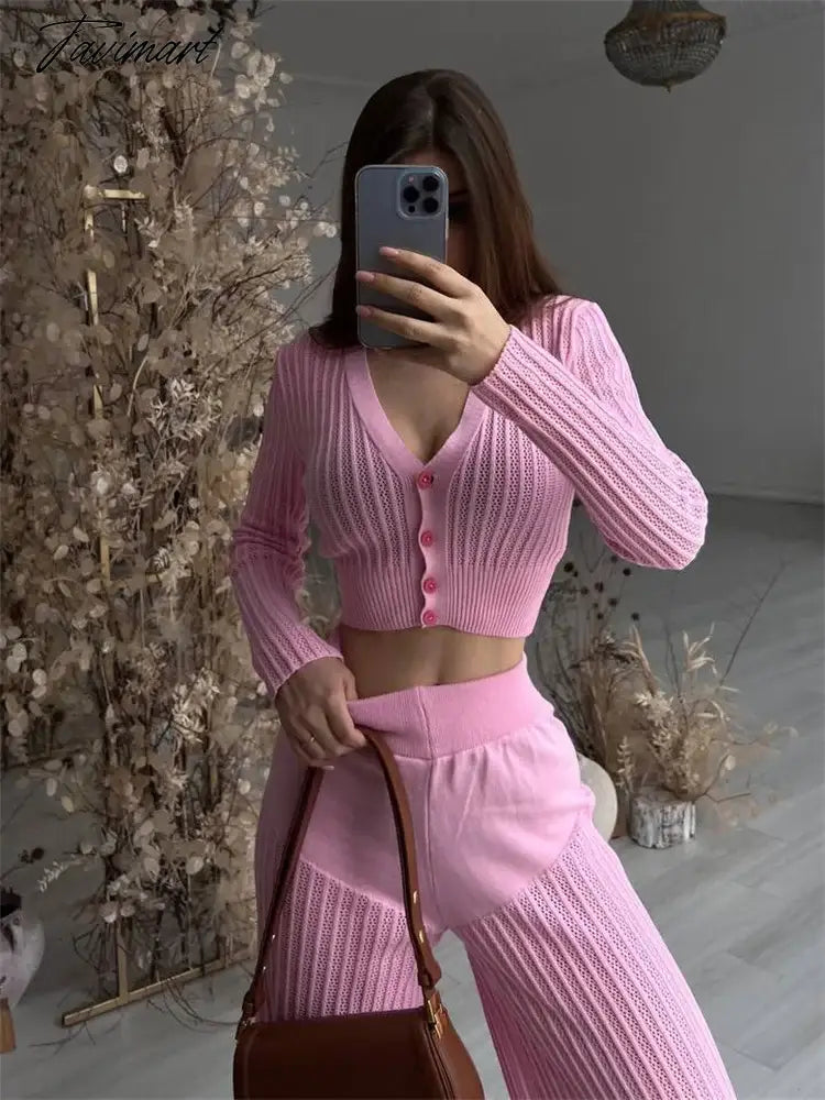 Women Casual Knitted Sweater Outfits Buttons See-Through Long Sleeve High Waist Knit Two Piece Fashion Trousers Outfits