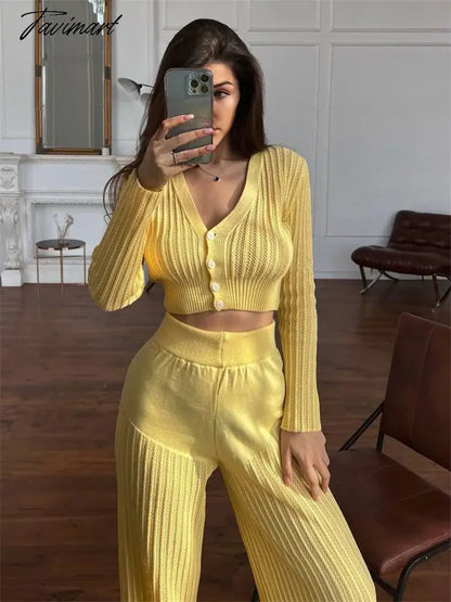 Women Casual Knitted Sweater Outfits Buttons See-Through Long Sleeve High Waist Knit Two Piece Fashion Trousers Outfits