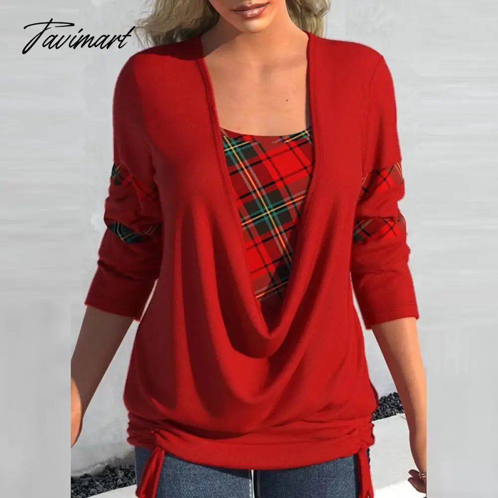 Women Casual Long Sleeve Fake Two-piece V-neck Top Fashion Patchwork Pullover Tops Ladies Retro Drawstring Loose Commuter Blouse