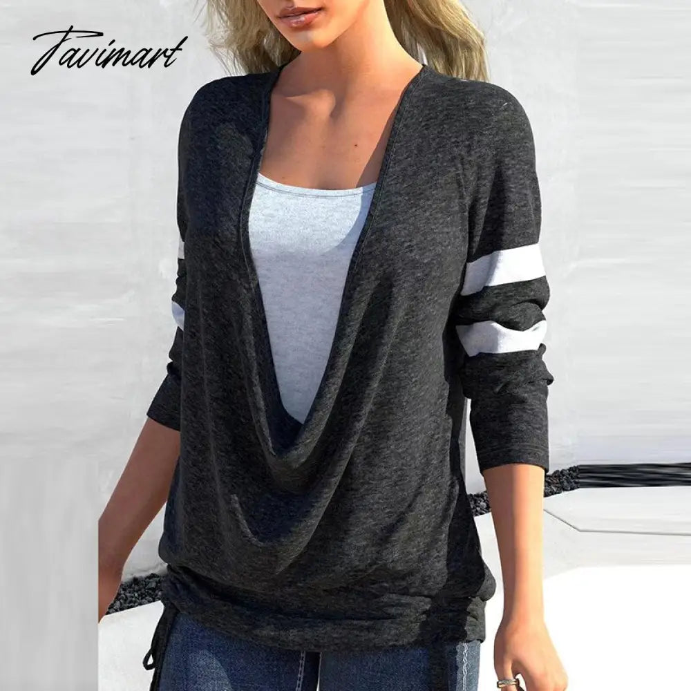 Women Casual Long Sleeve Fake Two-piece V-neck Top Fashion Patchwork Pullover Tops Ladies Retro Drawstring Loose Commuter Blouse