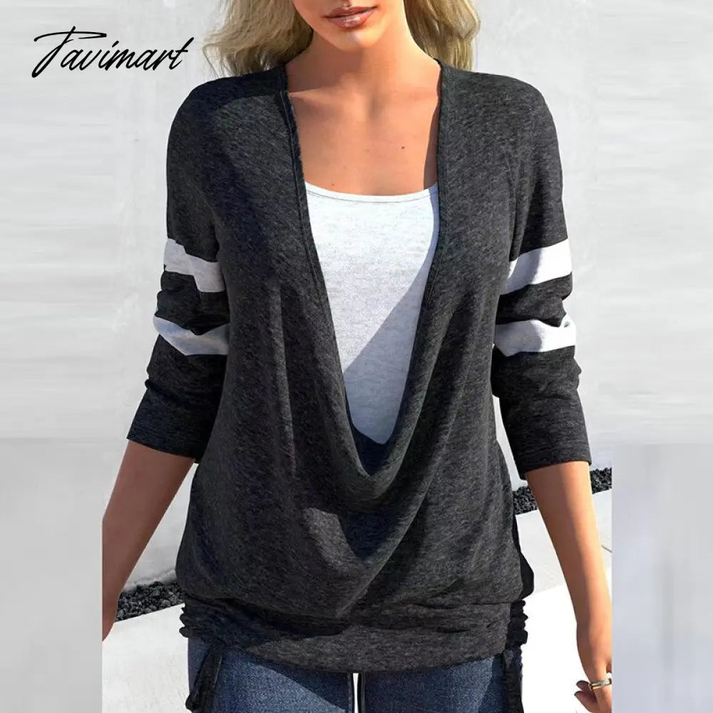 Women Casual Long Sleeve Fake Two-piece V-neck Top Fashion Patchwork Pullover Tops Ladies Retro Drawstring Loose Commuter Blouse