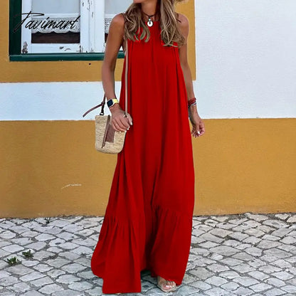 Women Casual Off Shoulder Bohemian Beach Dress Ladies Loose Ruffles Maxi Dress Summer Solid Halter Big Hem Vintage Dresses