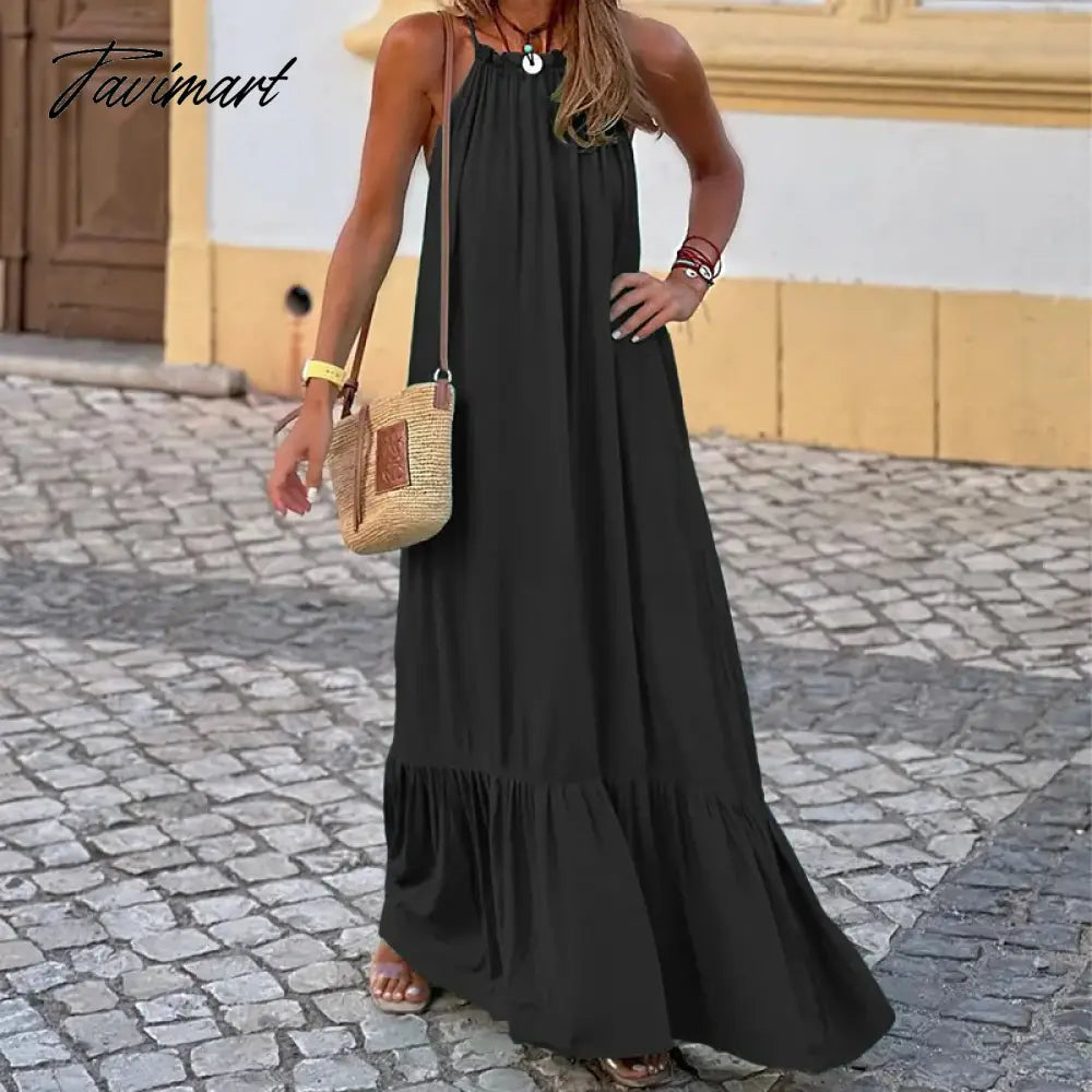 Women Casual Off Shoulder Bohemian Beach Dress Ladies Loose Ruffles Maxi Dress Summer Solid Halter Big Hem Vintage Dresses