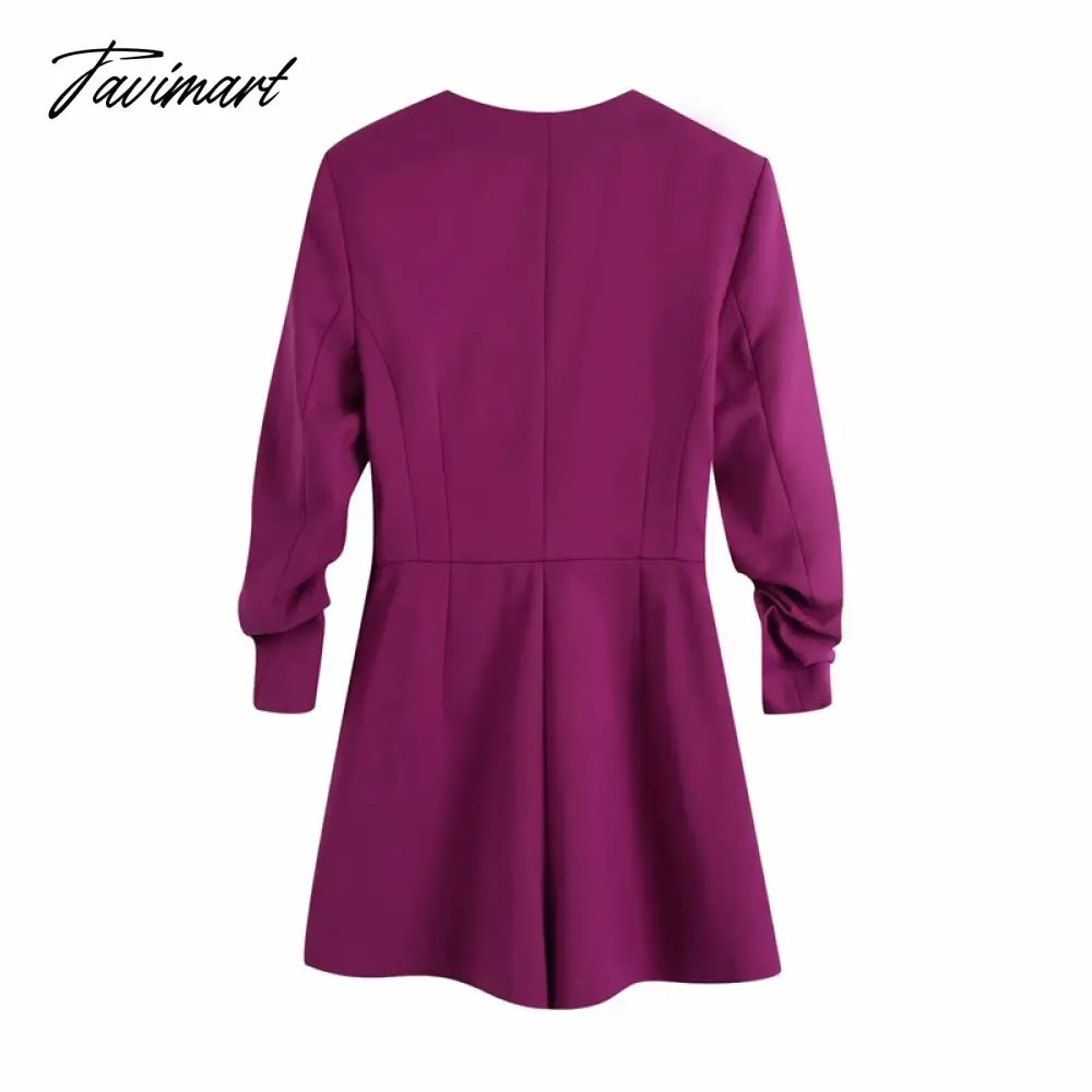 Women Chic Fashion Double-Fabric Playsuits Vintage Square Collar Three Quarter Pleated Sleeve Female Jumpsuits Women