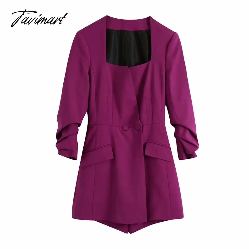 Women Chic Fashion Double-Fabric Playsuits Vintage Square Collar Three Quarter Pleated Sleeve Female Jumpsuits Women