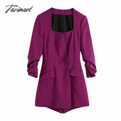Women Chic Fashion Double-Fabric Playsuits Vintage Square Collar Three Quarter Pleated Sleeve Female Jumpsuits Women