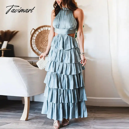 Women Chic Sleeveless O-neck Party Dress Fashion Solid Formal Occasion Dress Sexy Lady Backless Hollow Layered Dresses