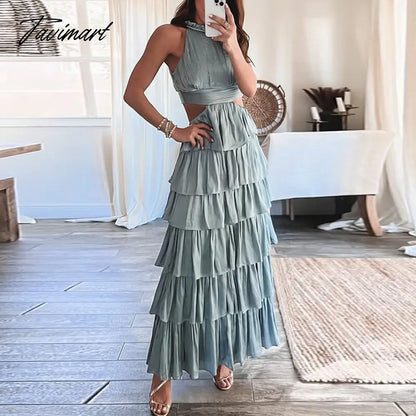 Women Chic Sleeveless O-neck Party Dress Fashion Solid Formal Occasion Dress Sexy Lady Backless Hollow Layered Dresses