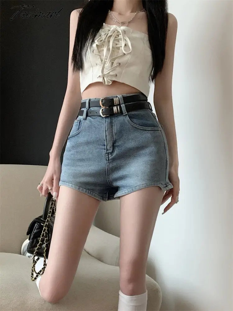 Women' Clothing American Denim Self Cultivation Shorts Design Hot Pants Double Waistband Loose Sexy Small Straight Leg Pants