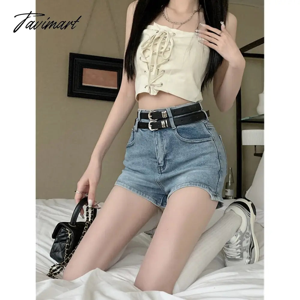 Women' Clothing American Denim Self Cultivation Shorts Design Hot Pants Double Waistband Loose Sexy Small Straight Leg Pants