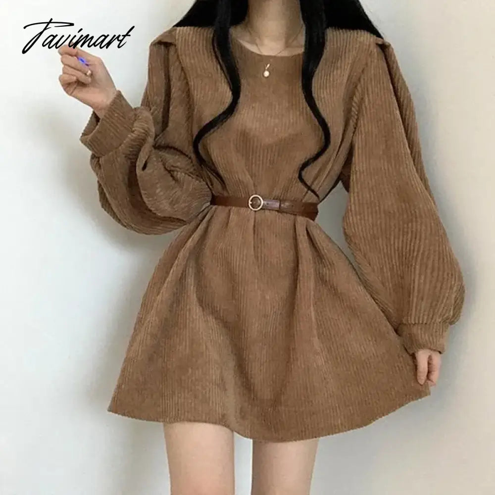 Women Corduroy dress y2k Casual Puff Sleeve V Neck Pencil Dress Woman Single Breasted High Waist Solid Holiday Mid-Calf Dress
