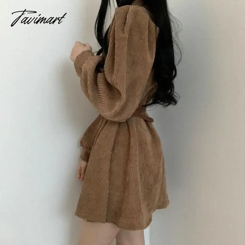 Women Corduroy dress y2k Casual Puff Sleeve V Neck Pencil Dress Woman Single Breasted High Waist Solid Holiday Mid-Calf Dress