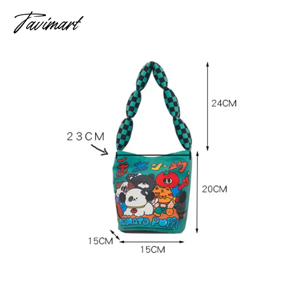 Women Cotton Bucket Shaped Shoulder Bag Magnetic Buckle Tote Female Animal Cartoon Pattern Hand Carry Canvas Bags
