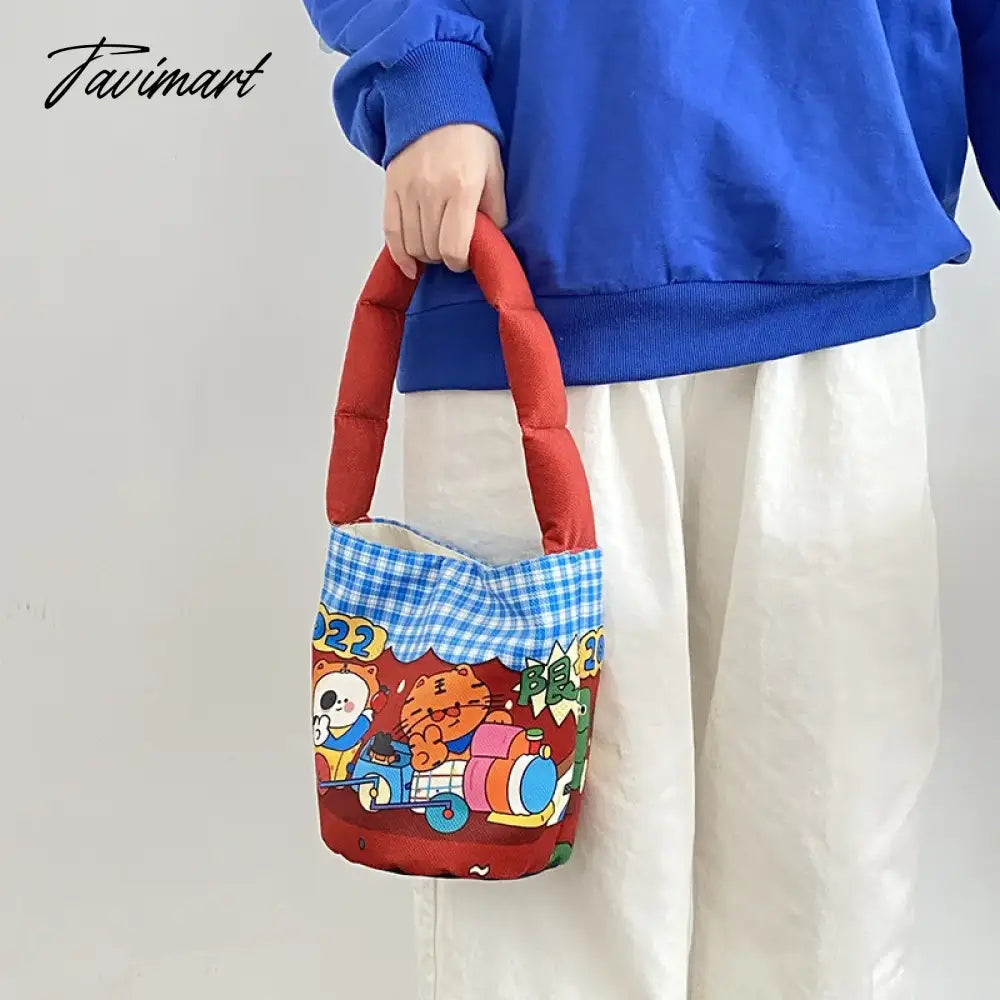 Women Cotton Bucket Shaped Shoulder Bag Magnetic Buckle Tote Female Animal Cartoon Pattern Hand Carry Canvas Bags