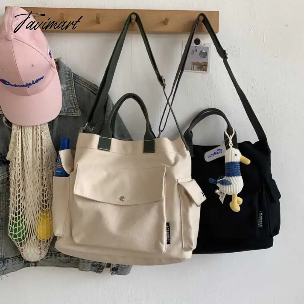 Women Cotton Canvas Messenger Bags Tote Magnetic Buckle Shopping Bag Travel Handbag With Adjustable Shoulder Strap